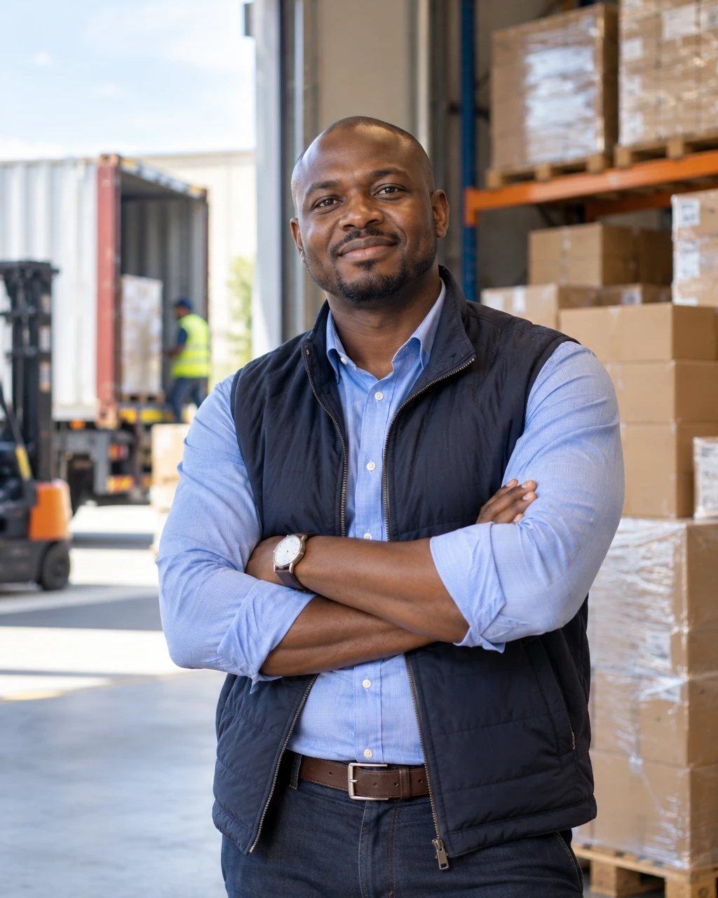 A business owner in a warehouse, a container being unloaded behind him