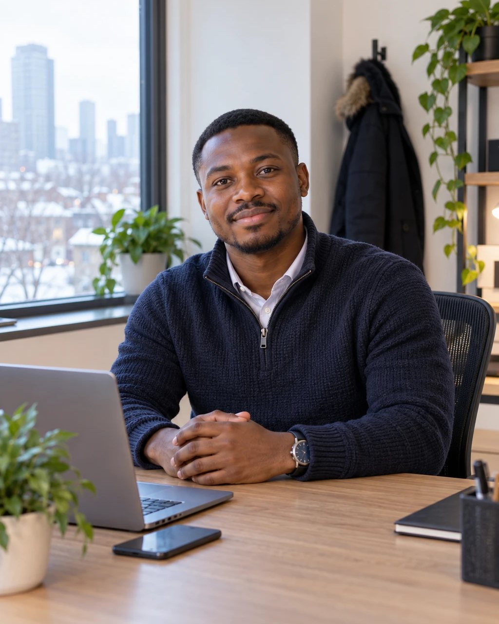 A founder at a desk by a window, snow on the city outside