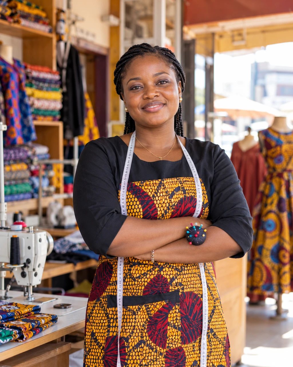 A tailor in her shop, tape measure round her neck, bolts of wax print behind her
